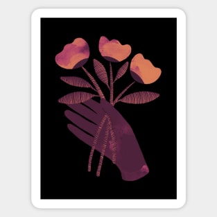 Brown hand with brown orange and pink flowers on black background Sticker